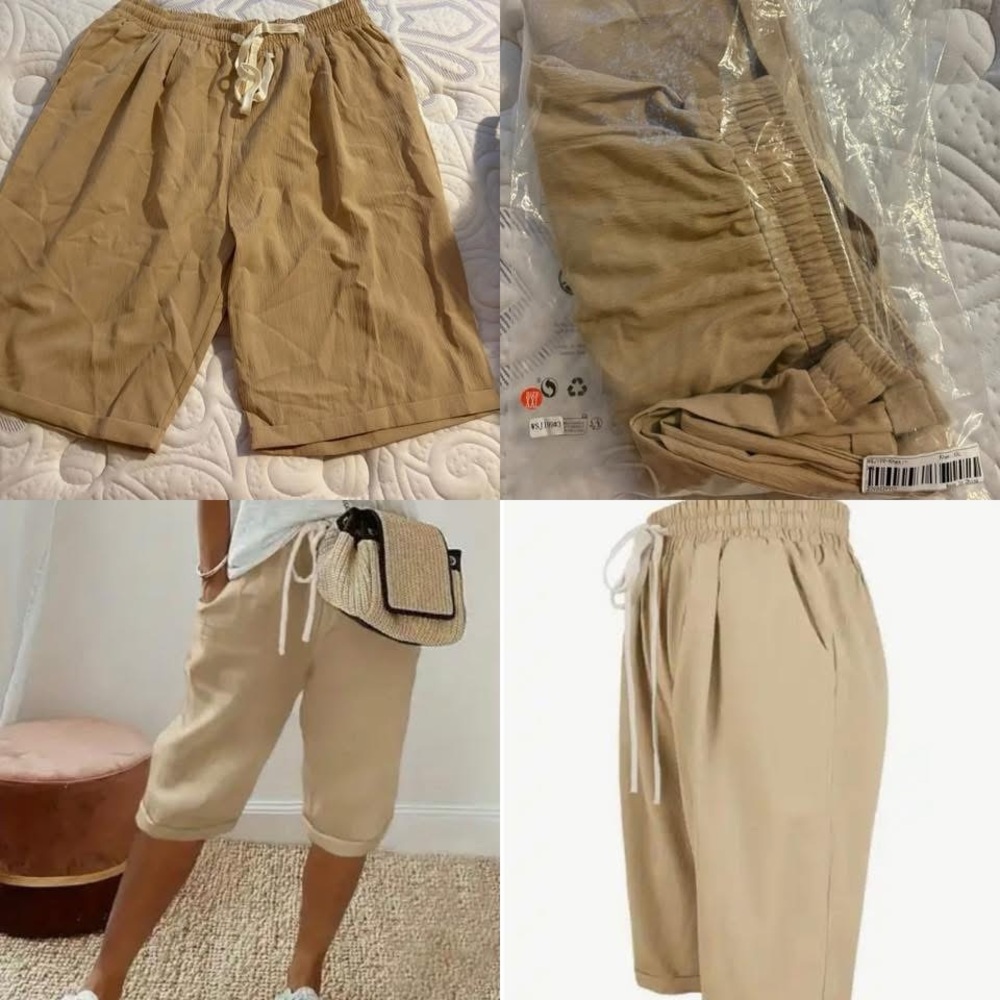 Casual Drawstring Knee-Length Cotton Shorts - Tan